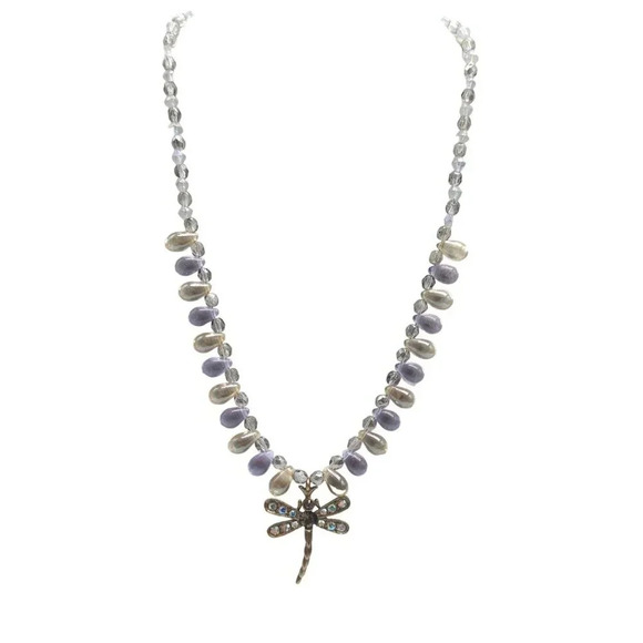 Kirks Folly Dragonfly Pendant Necklace With Beaded Strand Crystal Accents - Picture 1 of 5